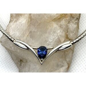 Vintage BB Blue CZ Pendant 16'' Omega Chain Necklace Sterling 925 Silver 13.8g